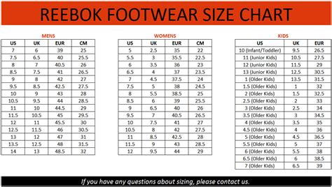 Reebok unisex shoes size chart